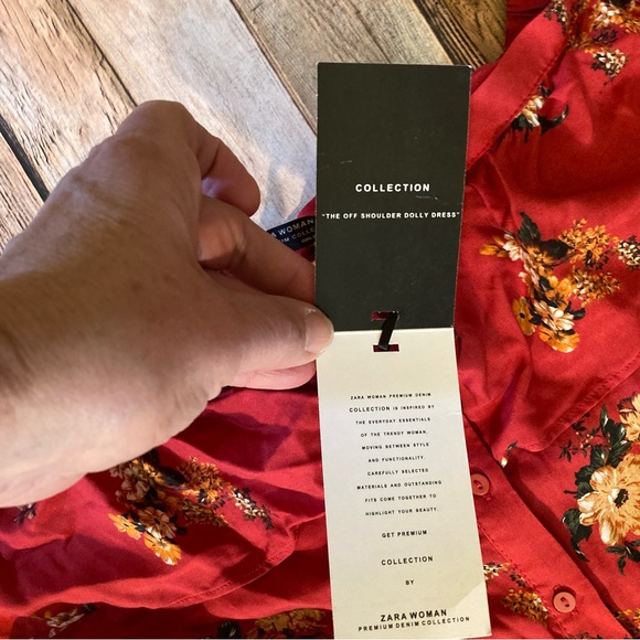 NWT Zara red Floral off the shoulders Dolly Dress, button up, Bertha Collar Sz L - Picture 6 of 9